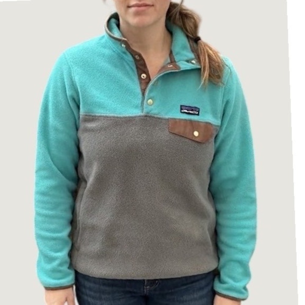 Patagonia Synchilla Snap-T Fleece Pullover Teal Grey Womens Large Colorblock